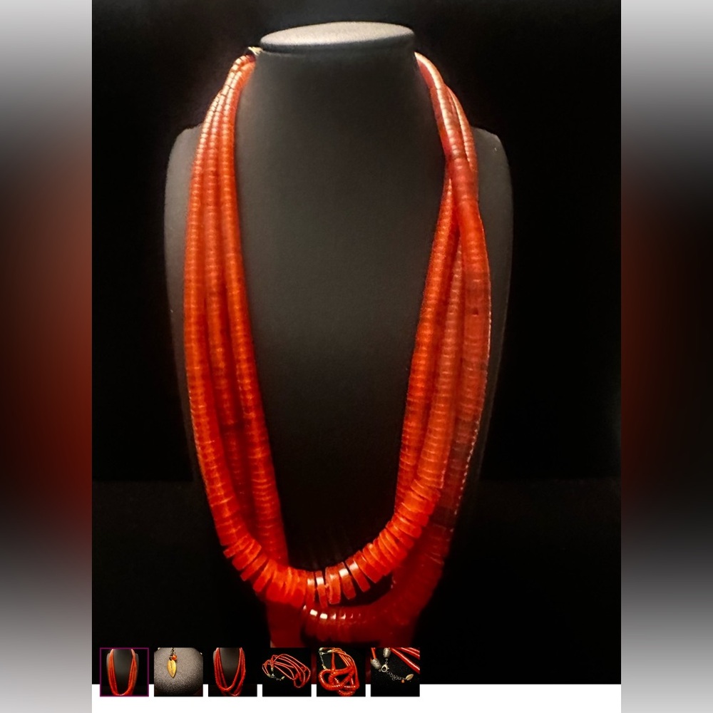 Coldwater Creek Red Carnelian Lucite Graduated 3 Strand Disc Heishi Necklace